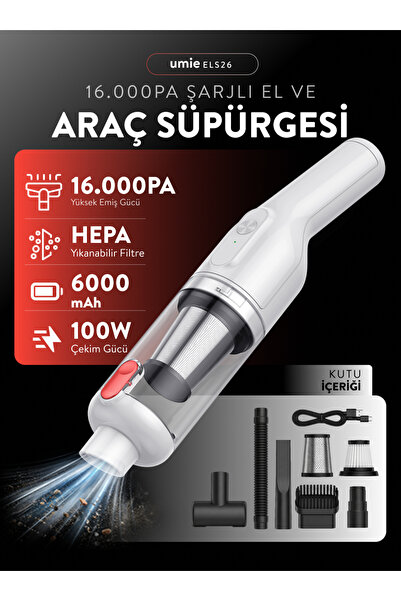 Umie ELS26 6000mAh 16000PA Güçlü Kablosuz Araç İçi Süpürge