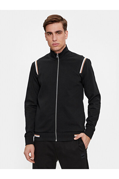 BOSS İmza çizgili süslemeli pamuk karışımlı fermuarlı sweatshirt