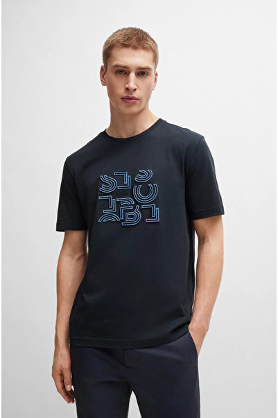 BOSS Erkek Desenli Marka Logolu Kısa Kol Lacivert T-Shirt