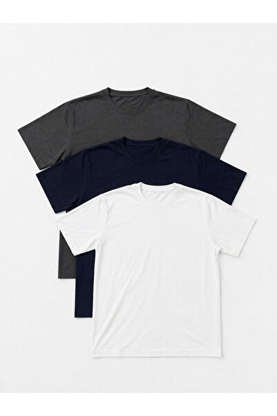 Erkek 3'lü Paket Beyaz-Lacivert-Gri Slim Fit Dar Kesim %100 Pamuk Bisiklet Yaka Tişört