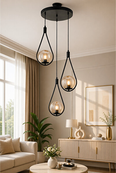 VENON Damla 3lü Kent 3lü Siyah Bal Glop Camlı Sarkıt Modern Avize Salon Avizesi