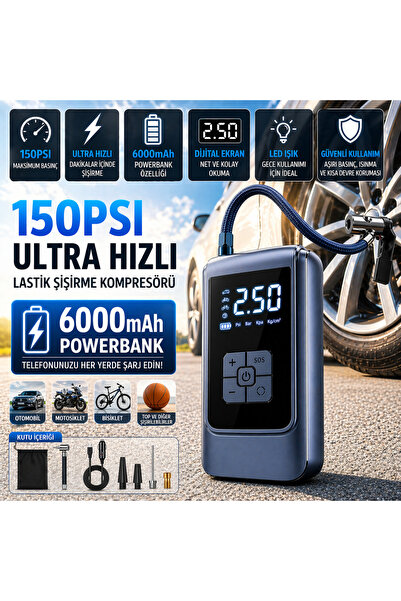 Polham 6000mAh Şarjlı 150PSİ Ultra Hızlı Lastik Şişirme Hava Kompresörü,Araç,...