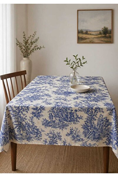 HOME ART ATELIER hand made MAVİ Desenli KETEN Vintage Büyük Boy Masa Örtüsü