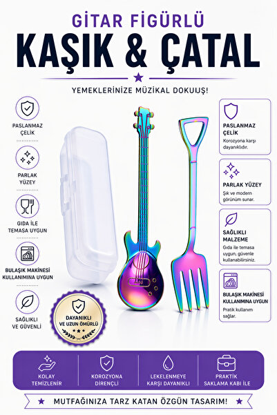 jojobebek Gökkuşağı Renk Gitar Tasarımlı Paslanmaz Çelik Kaşık ve Paslanmaz Ç...