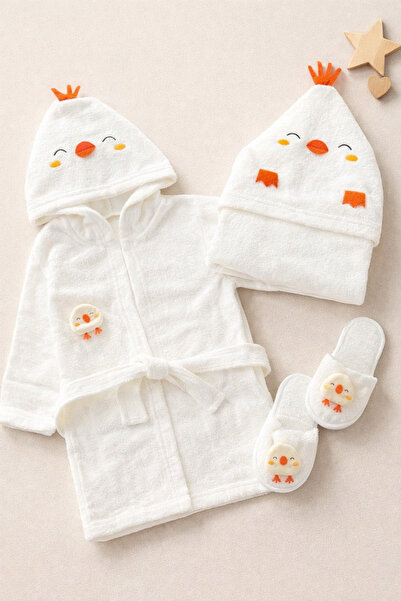 Mou&Kou %100 Pamuk Kutulu Bebek Bornoz Seti 4 Parça – Kapüşonlu Havlu Patik (...