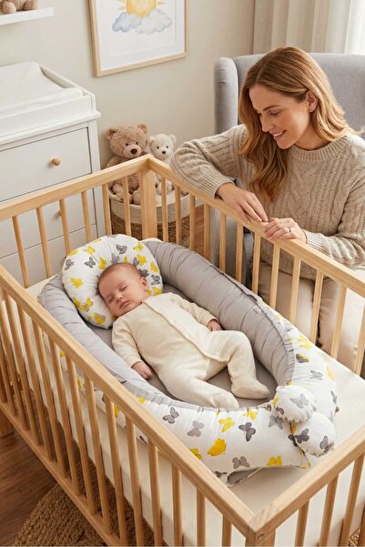 Umaybebek Babynest، سرير نوم للأطفال بعمر 0-2 سنة - قماش قطني - فراشة رمادية ...