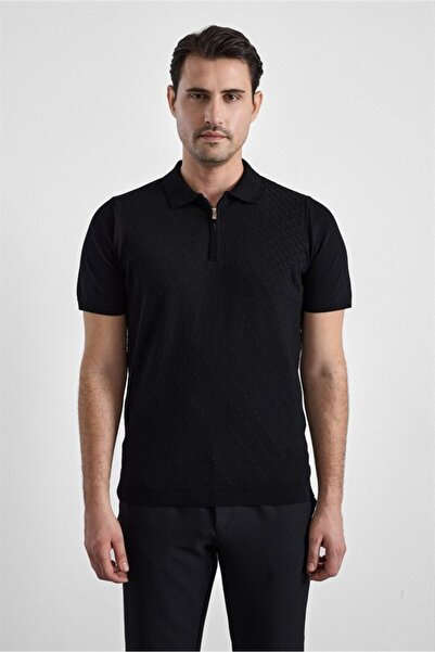 SÜVARİ Siyah Regular Düz Fermuarlı Polo Yaka Kazak