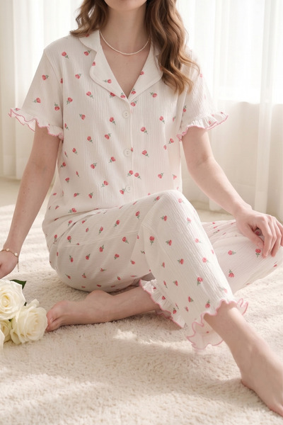 ELİTOL Bürümcük Πλεκτό Σετ Γυναικείας Πιτζάμας με Κοντά Μανίκια και Κουμπιά