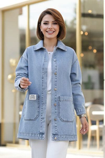 Hb Harma Time Butik Women's Pocketed Buttoned Denim Blue Jacket