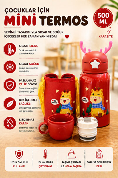 jojobebek Kırmızı Renk Premium Paslanmaz Çelik Figürlü Askılı Çocuk Termos, 5...