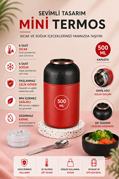 jojobebek Kırmızı Renk Premium Paslanmaz Çelik Termos, Çelik No:316, 500 ml, ...