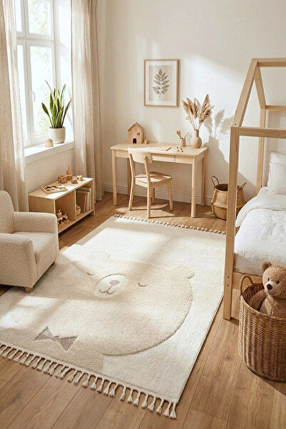 Eliz Home Krem Ayıcıklı Bebek Çocuk Odası Halısı Yumuşak Leke Tutmaz Antialer...