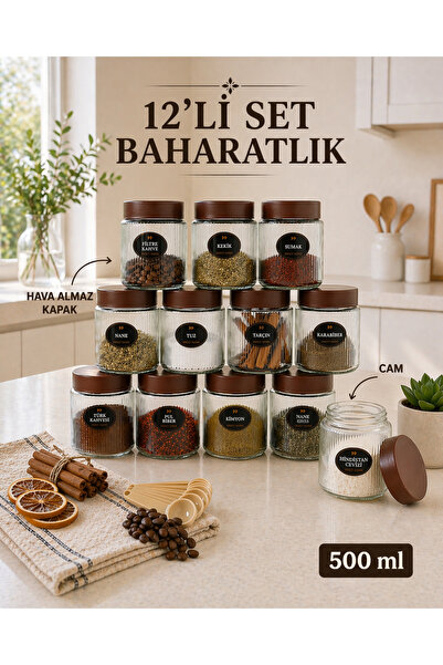 NYL HOME 12'li Etiketli Çizgili Cam Kavanoz Baharatlık Seti – Plastik Contalı...