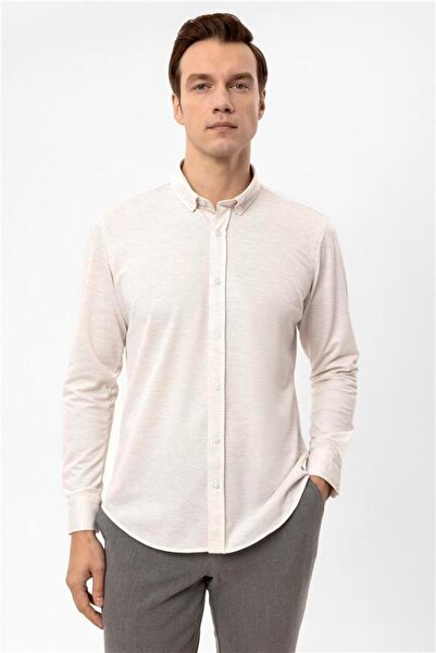 SÜVARİ Ekru Slim Düğmeli Yaka Manşetli Casual Gömlek