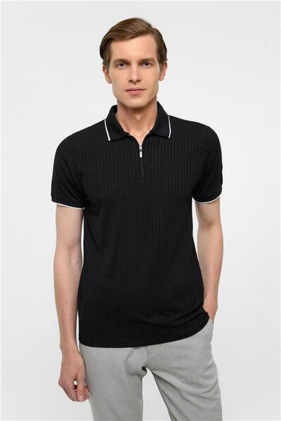 SÜVARİ Siyah Slim Fitilli Polo Yaka Tişört