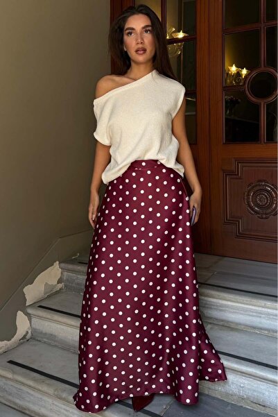 Madmext Γυναικεία Σατέν Φούστα Μάξι Βουργουνδίας Πουά MG2725