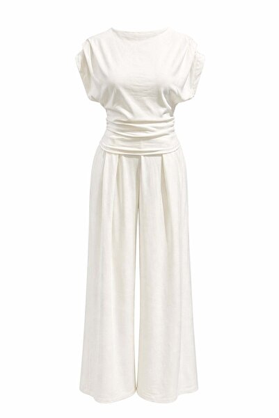 Mixray 2093 Γυναικεία μπλούζα με φαρδιά παντελόνα σε σετ δύο τεμαχίων λευκό