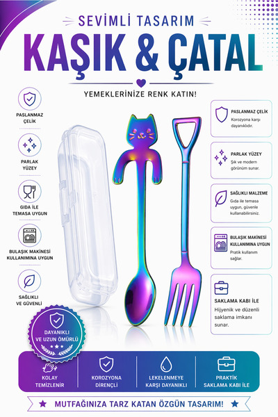 jojobebek Rainbow Cat Design Stainless Steel Spoon and Stainless Steel Fork +...