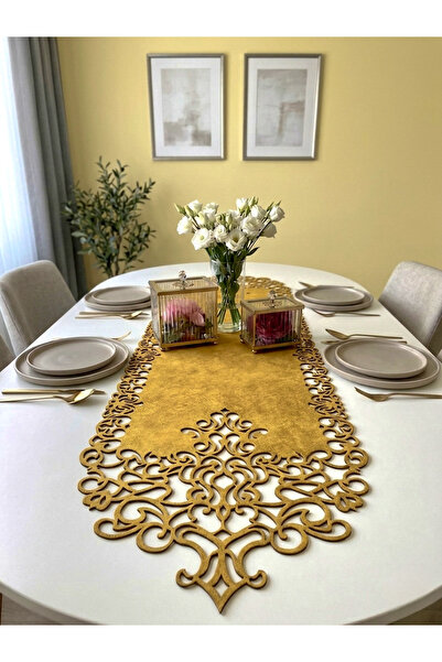 Ergüven Home Μουσταρδί Κίτρινο Suede Fabric Runner Μέγεθος Τραπεζιού 40x140cm