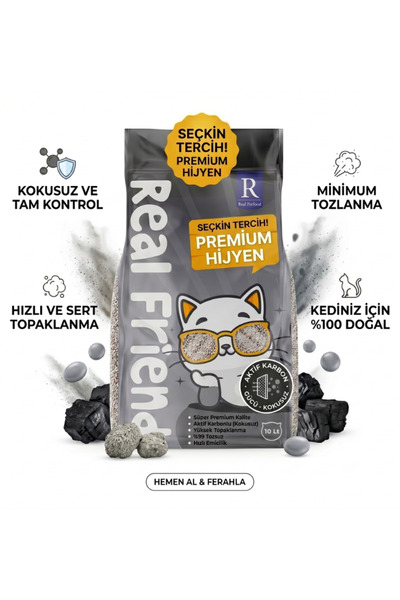 Real Friend Aktif Karbonlu Süper Premium % 100 Doğal Kedi Kumu 10 Lt