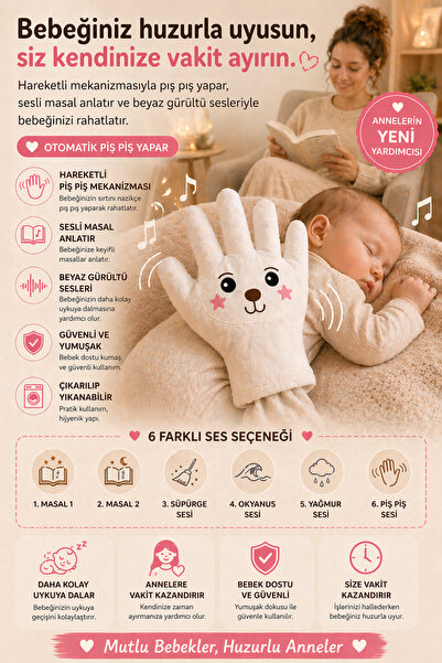 Aksesuar360 Sesli Hareketli Bebek Uyku Anne Eli Pış Pış, Beyaz Gürültü Cihazı