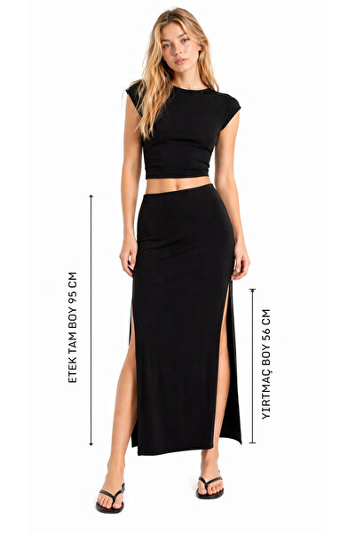 Kallisto Black Elastic Waist Side Slit Long Skirt
