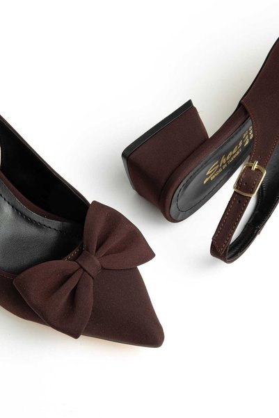 modarees Women's Brown Short Heeled Bowknot Pointed Toe Open Back Classic Heeled Shoes