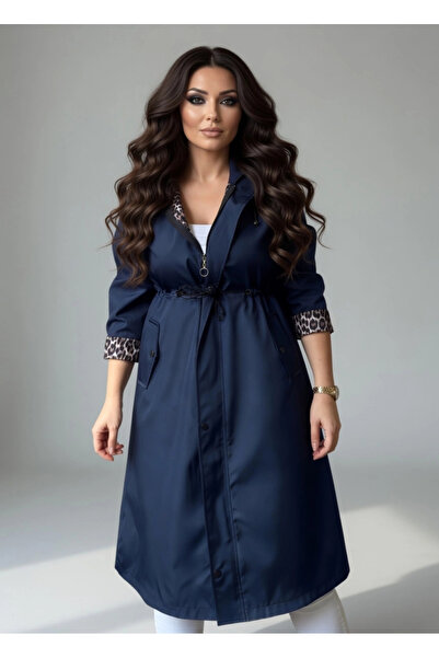 AZRA BUTİK Παλτό με πατιλέτα στο περίγραμμα, Σκούρο Μπλε, Μεγάλο Μέγεθος