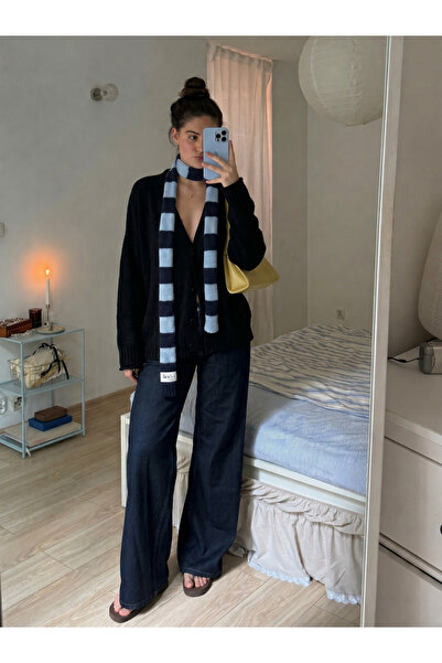 finea studio Finea Skinny Scarf Blue & Ink Navy Stripes Yün Atkı