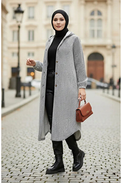 sefamerve Καπάκι με κουκούλα και κουμπιά 0201-04 Μαύρο - Λευκό