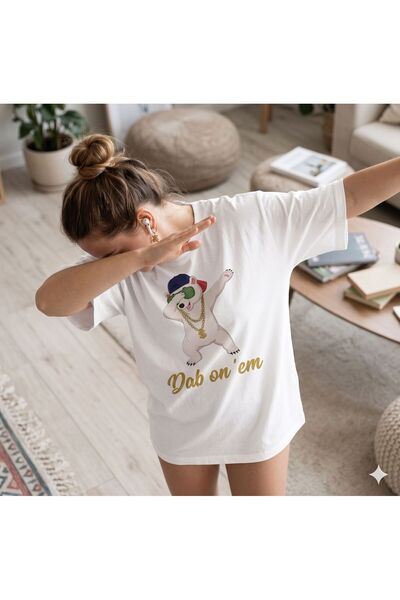 Duzor Unisex κοντομάνικο λευκό μπλουζάκι Hip-Hop Teddy Bear Dam On Them Overs...