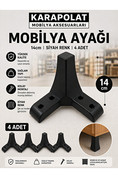 KARAPOLAT Ürgüp 1.kalite Plastik Siyah Renk 14 cm Mobilya Ayağı (4 Adet)