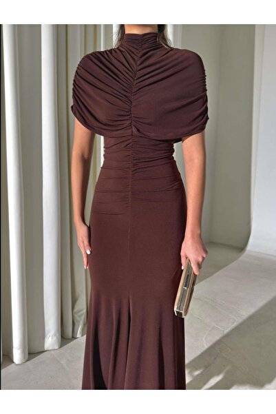 maf collection Γυναικείο καφέ φόρεμα με λαιμόκοψη halter, με άμμο, μάξι μήκου...