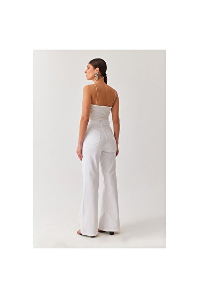 mooishan Λευκό ψηλόμεσο γυναικείο τζιν παλάτσο με φαρδιά μπατζάκια