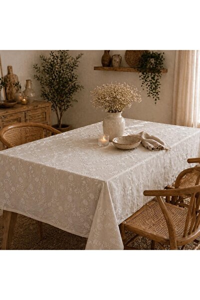 MER HOME Μποέμ Βίντατζ Λινό Τραπεζομάντιλο με Λεπτομέρεια Κεντήματος και Σχέδ...