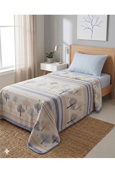 ŞENER HOME Σετ Σεντόνια με Σχέδιο Δέντρο της Ζωής, Ελαστικό Μονό Σετ Πικέ - Μπλε