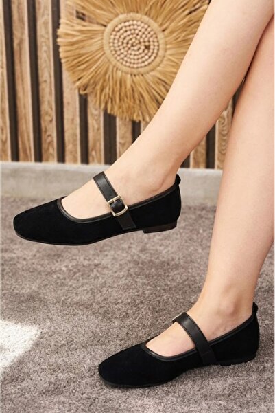 İmerShoes Pantofi de zi cu zi pentru femei, din piele intoarsa neagra, cu cur...