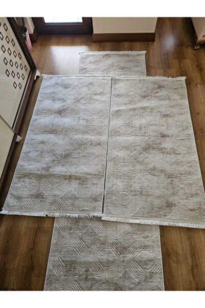 AKSU Modern dinarsu 3lü krem embos saçaklı yatak odası takımı yıkanabilir 2adet 80x150 1adet80x250