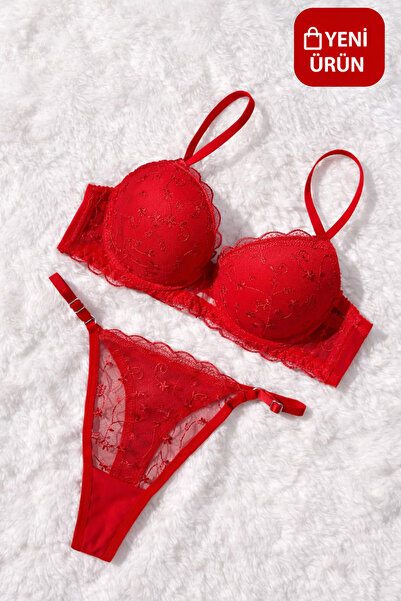 RUYAZ Κόκκινο σετ εσωρούχων με κεντημένη δαντέλα και ενισχυμένο σουτιέν