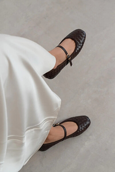 Cochines Καφέ ματ πλεκτό μοτίβο με λεπτομέρεια ζώνης, επίπεδη σόλα, παπούτσια...