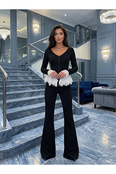 LOKADI Γυναικείο μαύρο μπουφάν με φερμουάρ και λεπτομέρεια από δαντέλα, σετ μ...