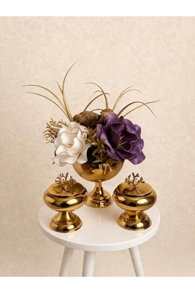 Evaart GOLD METAL ÜÇLÜ SET SEKERLİKLİ EVA ÇİÇEK ARANJMANI EV SALON DEKORU