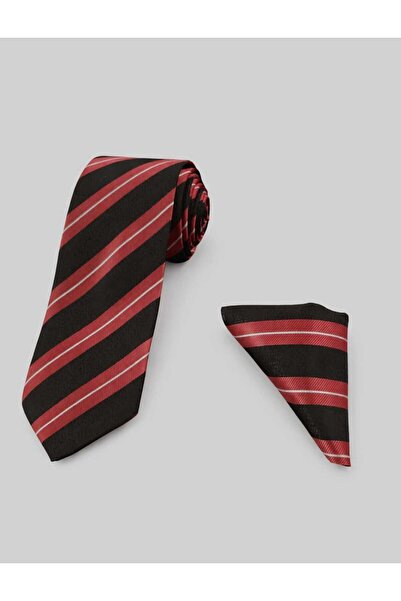 Siyah Kırmızı Ve Beyaz Çizgili Erkek Kravat ve Mendil Seti - Polyester Kumaş