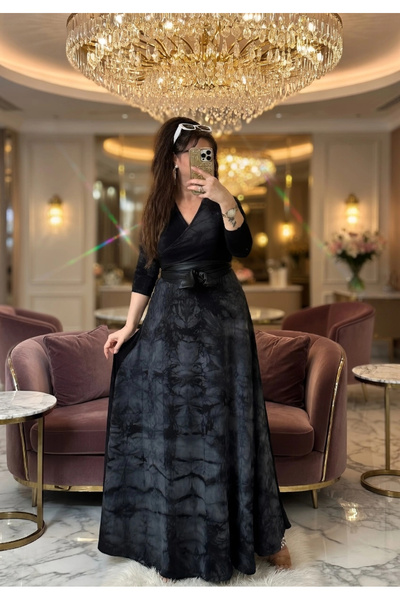 AZRA BUTİK Full Length Smoked Wave Pattern Dress