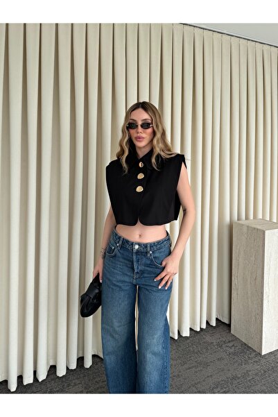 Laluvia Μαύρο Γιλέκο Κροπ από Ποπλίνα - 8419