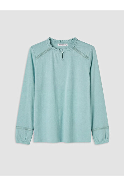 LC Waikiki Lcw Grace Green Oval Collar Embroidered Blouse with Nevavm Differe...