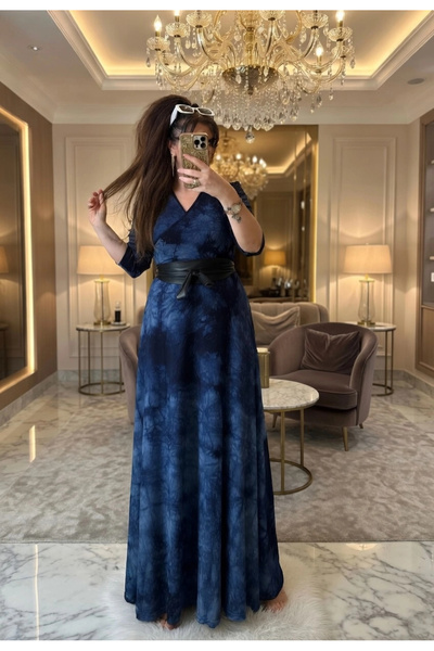 AZRA BUTİK Full Length Navy Blue Wave Pattern Dress