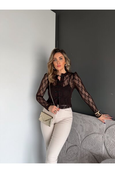 Zerrincan Giyim Coffee Napoleon Buttoned Lace Blouse