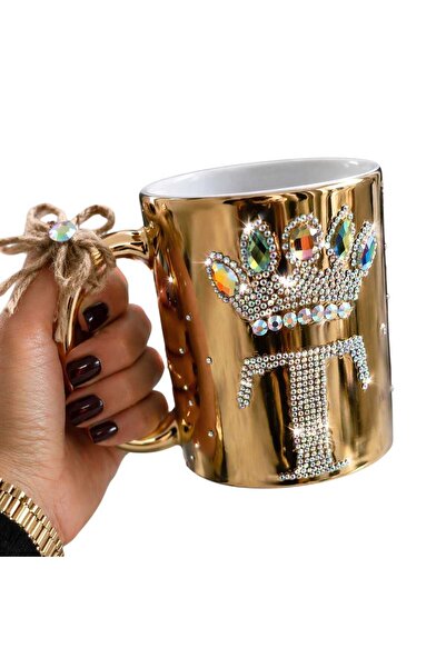 TGD_Designs Özel Tsarım Kristal Taşlı Gold Aynalı Kupa Bardak-T Harfi ve Kral...