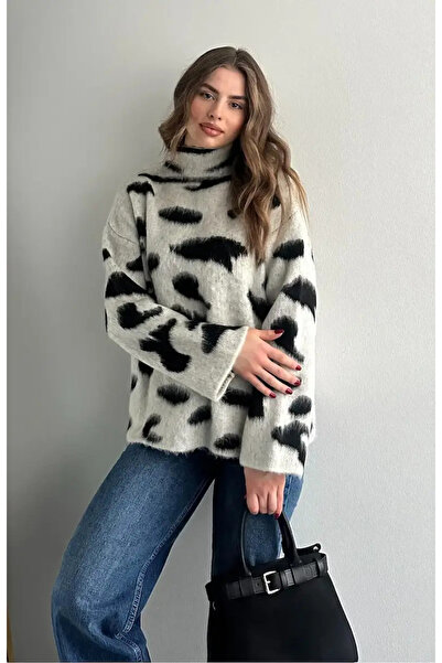 Kinzi Γυναικείο πουλόβερ με animal print γκρι